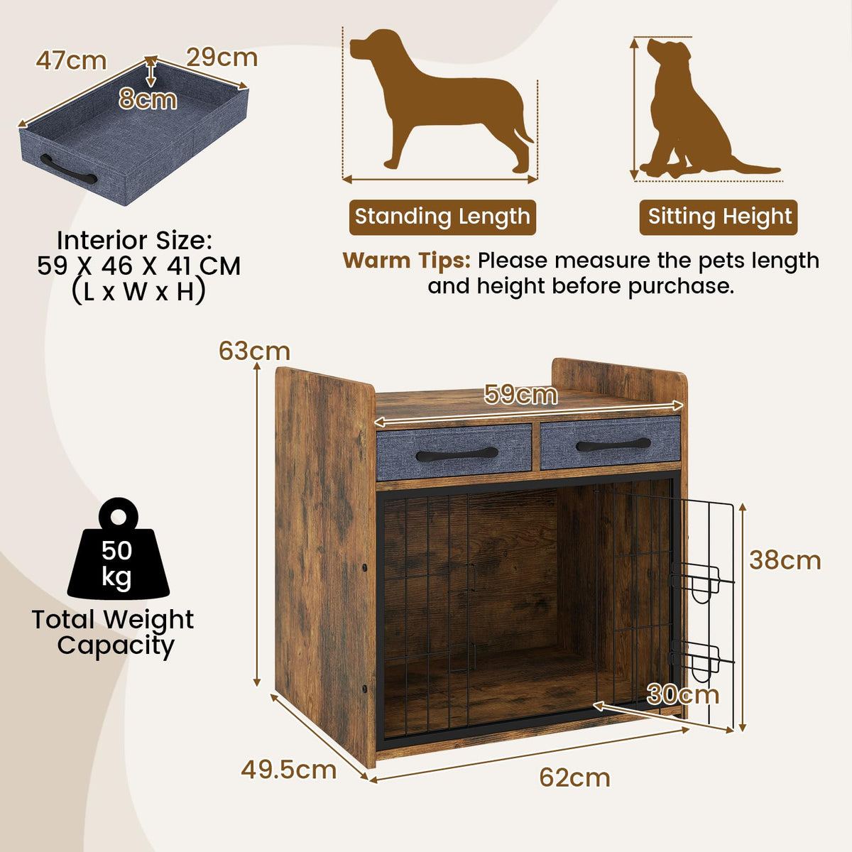 Indoor Dog Cage with 2 Fabric Drawers and Lockable Door
