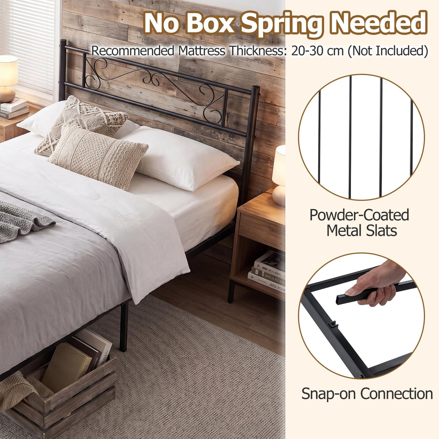 3ft Single Bed Frame, Metal Platform Bed Base with Floral Headboard