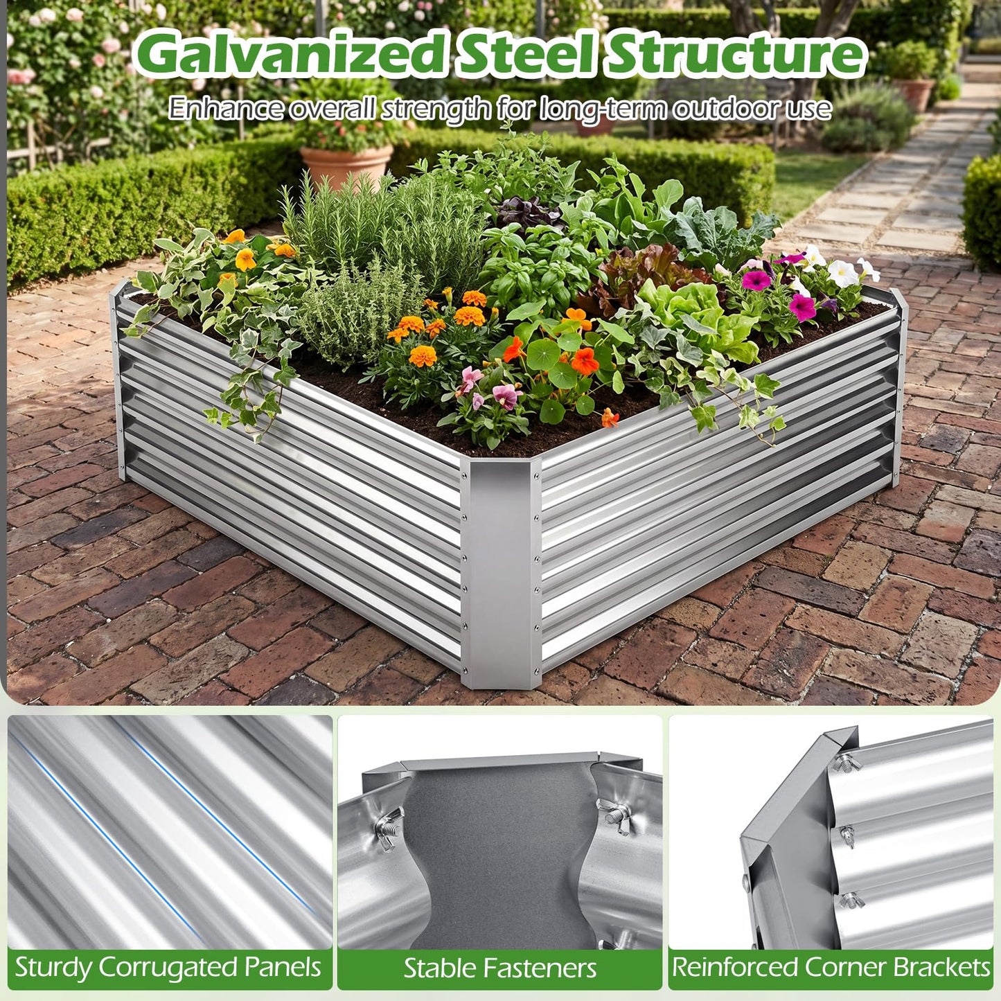 Galvanized Raised Garden Bed Rectangular Outdoor Planter Box with Open-Ended Bade