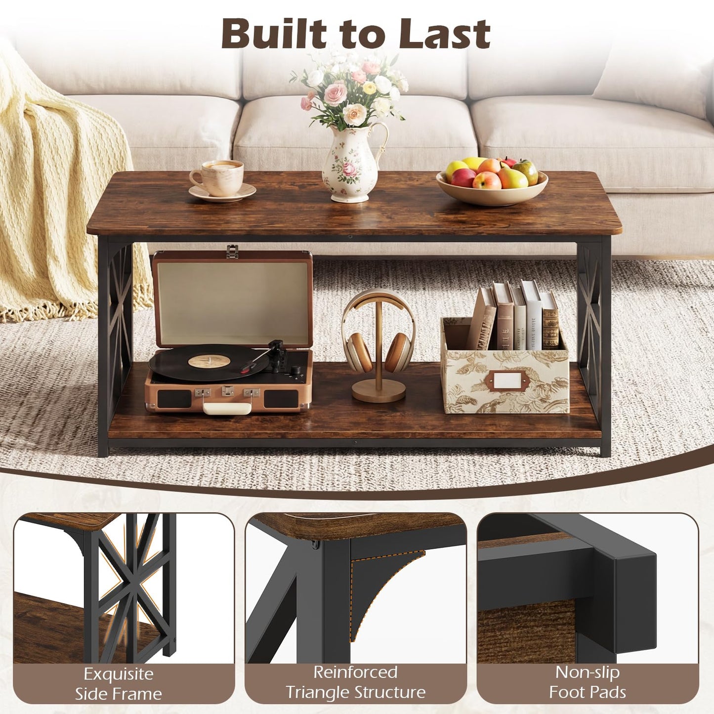 Coffee Table Industrial Farmhouse Accent Table with Open Storage Shelf