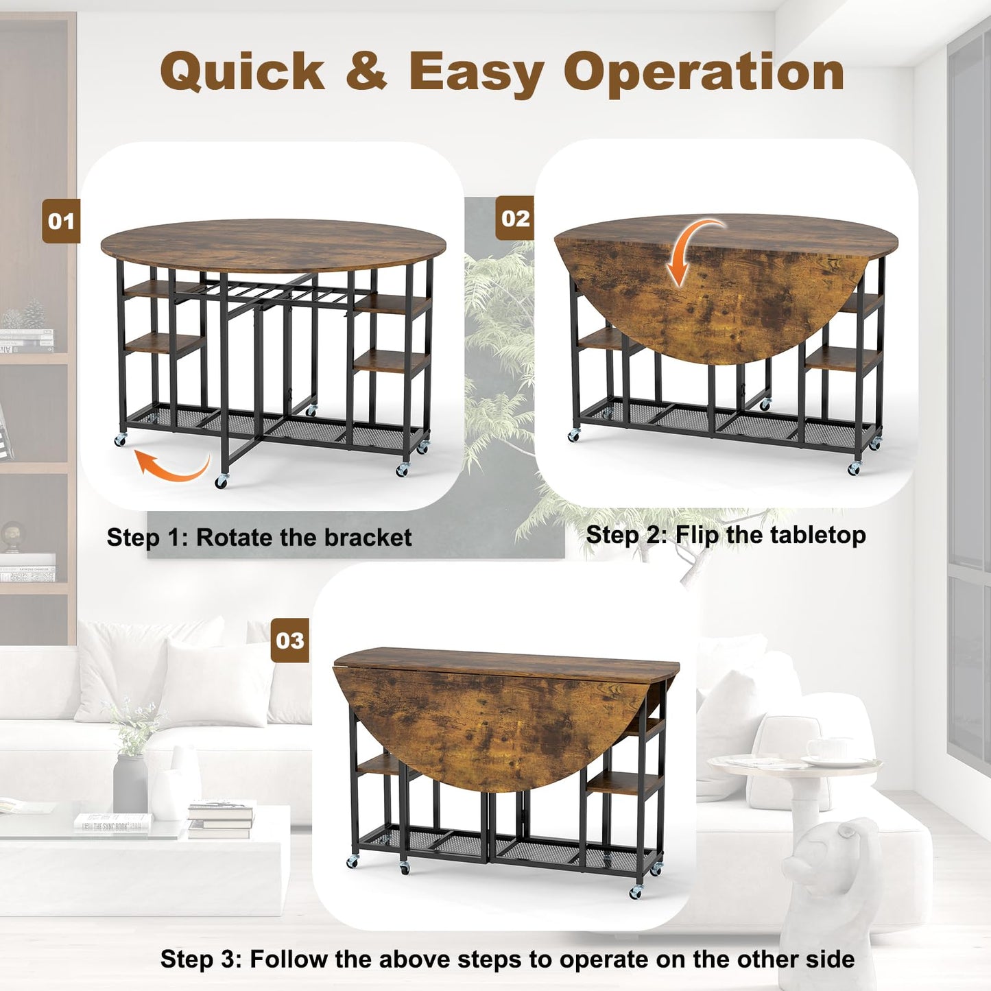 3-Piece Folding Dining Table Set with Large Tabletop and Storage Racks