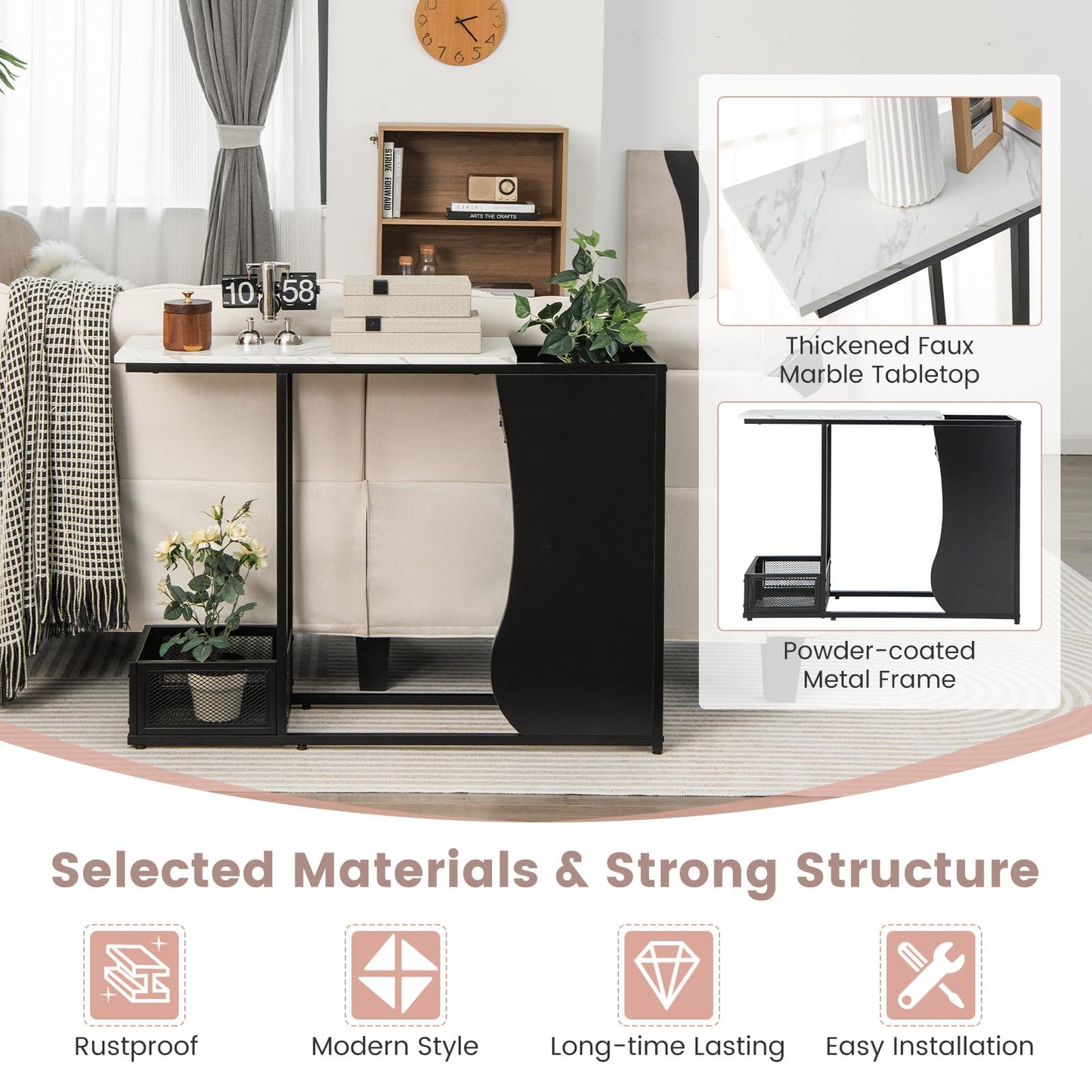 Modern Sofa Accent Console Table with 2 Storage Mesh Cubes