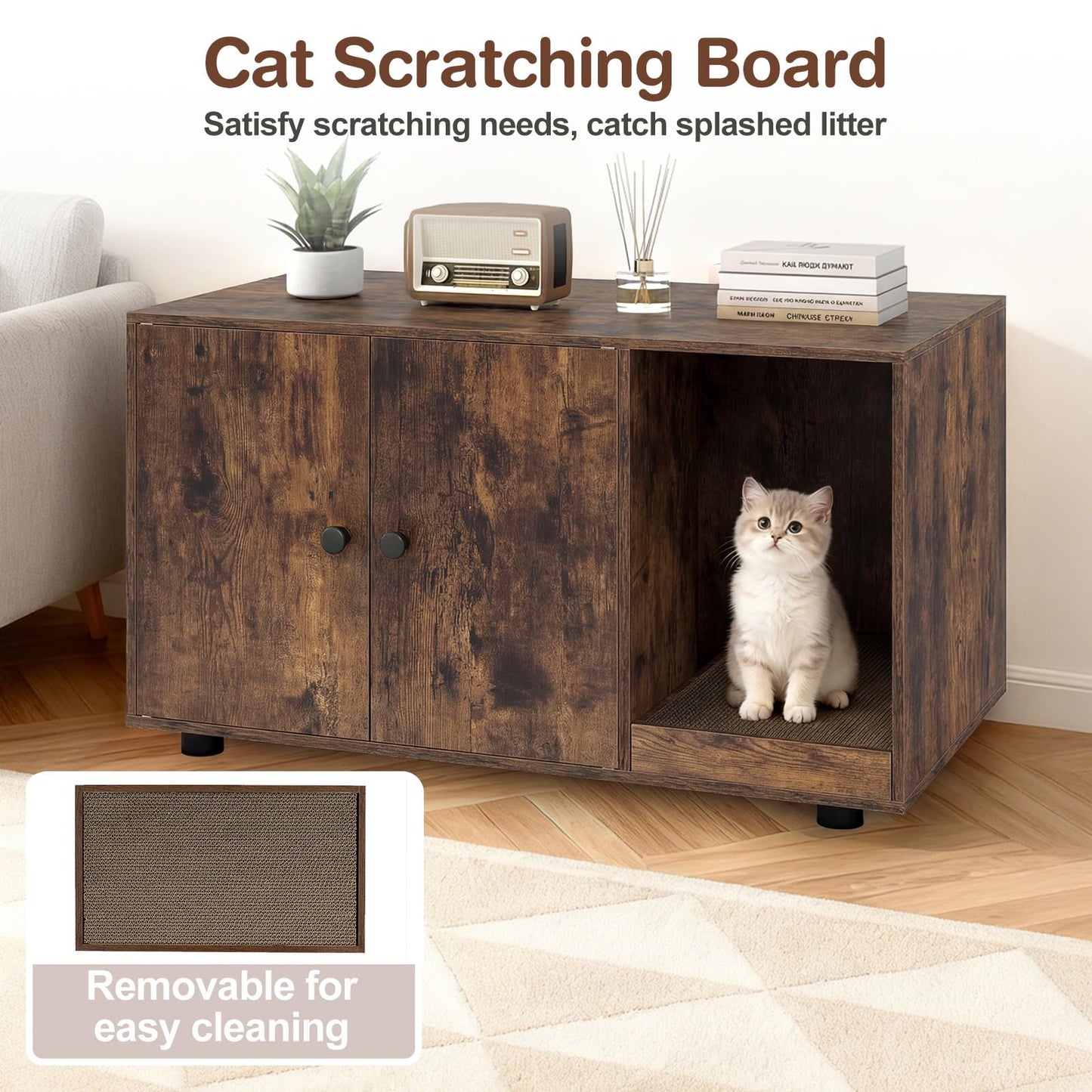 Wooden Cat Litter Box Enclosure Hidden Litter Box Furniture with Scratching Board