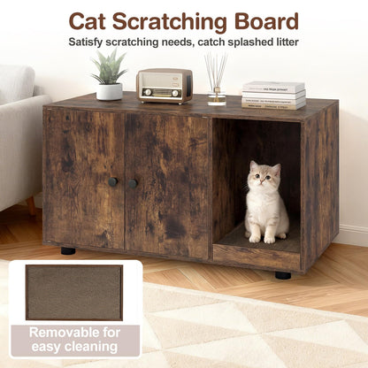 Wooden Cat Litter Box Enclosure Hidden Litter Box Furniture with Scratching Board