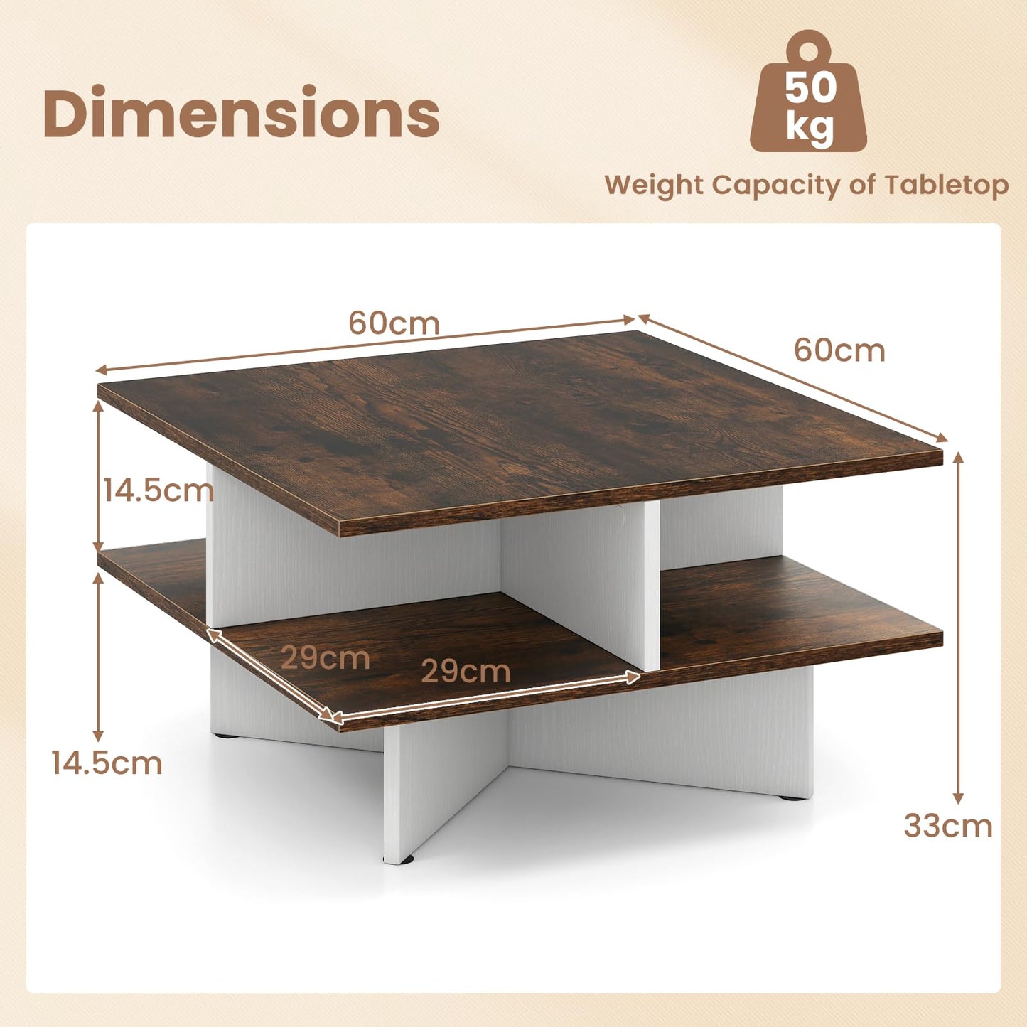 2-Tier Industrial Wooden Square Coffee Table with 4 Storage Shelves