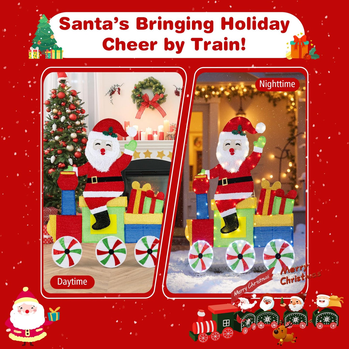 4FT Lighted Santa Claus on Train, 2D Pre-Lit Indoor Outdoor Christmas Decoration