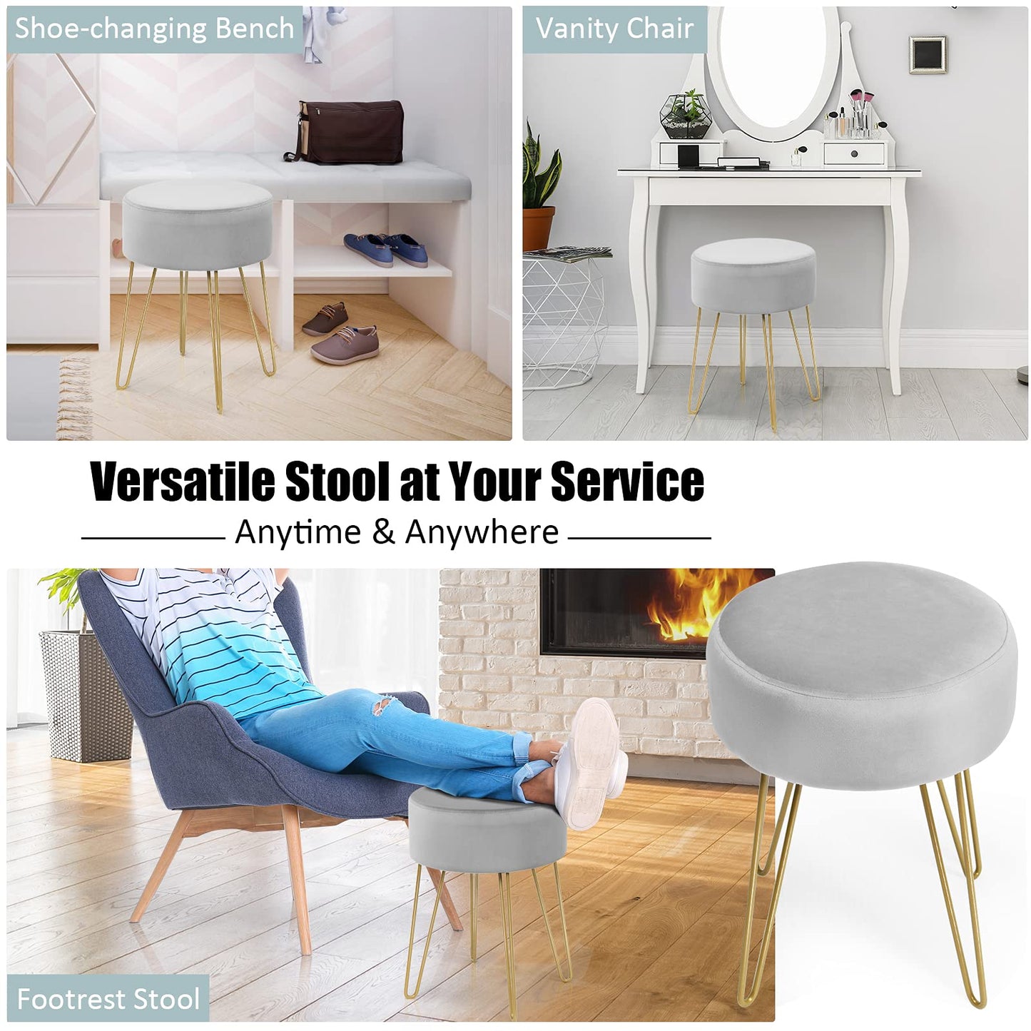 Round Velvet Stool with Hairpin Legs