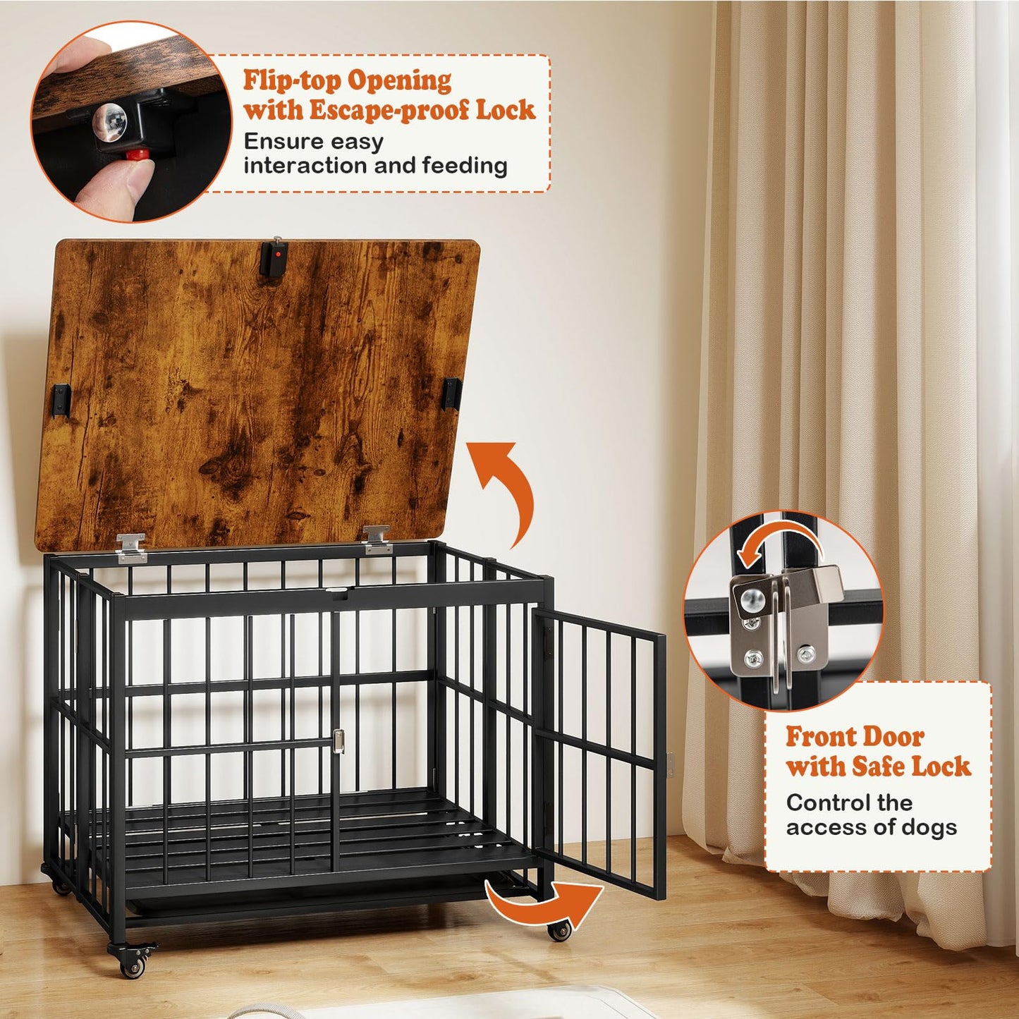 Dog Crate Furniture on Wheels, Foldable Dog Kennel Side Table with Lockable Door