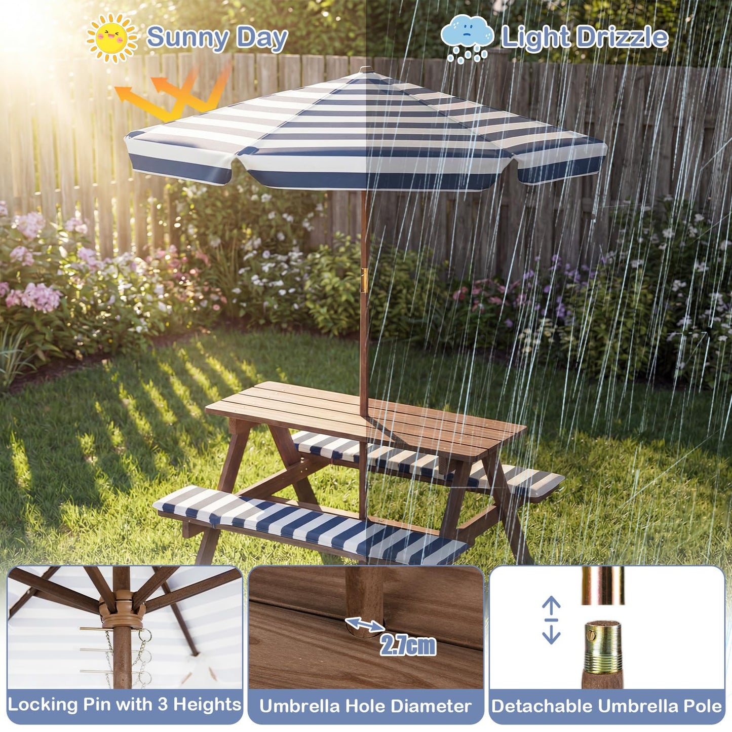 Kids Picnic Table, Wooden Children Garden Table and Bench Set