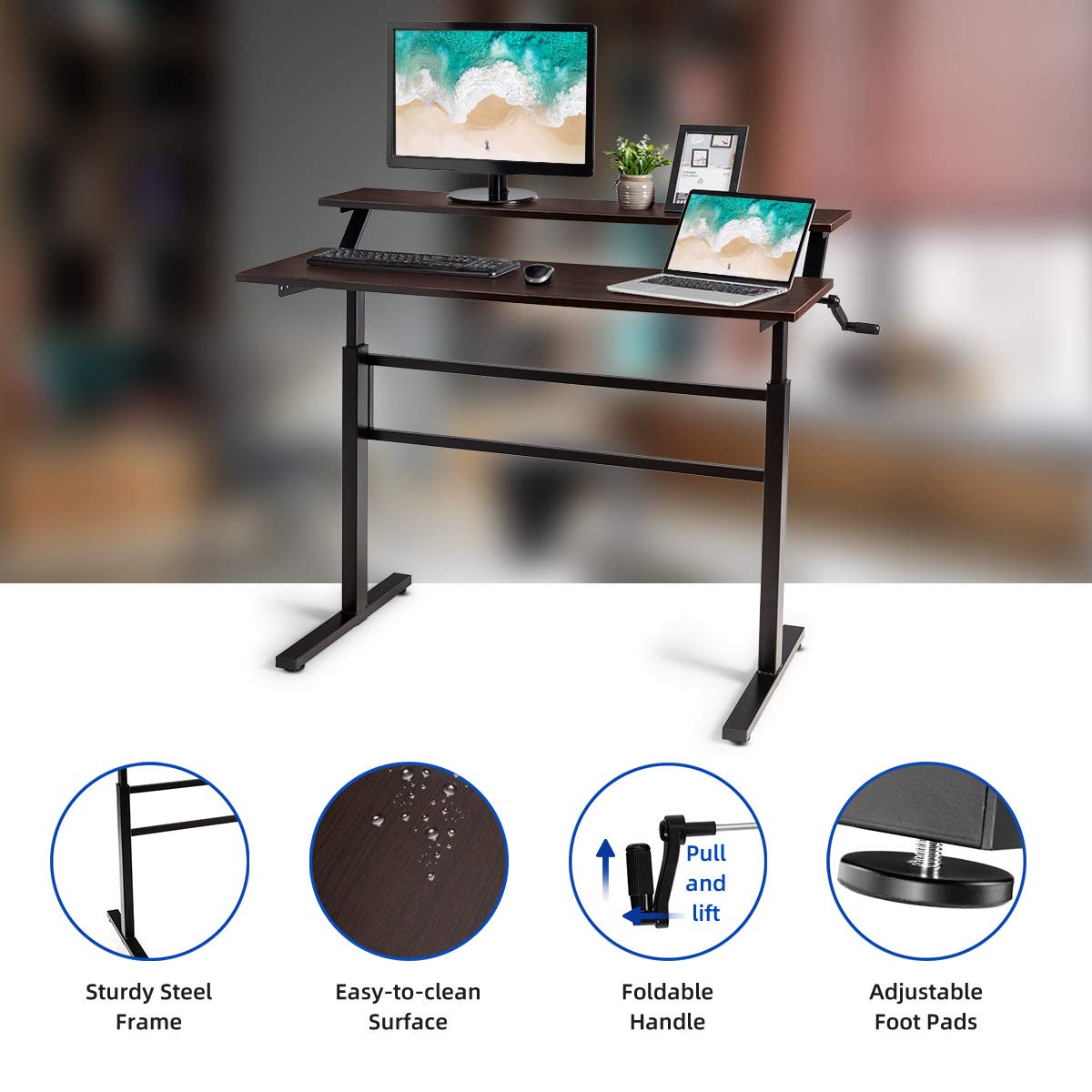 2-Tier Standing Desk with Adjustable Height and Crank Handle