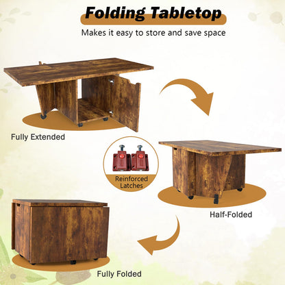 120cm Extendable and Foldable Coffee Table with Storage Cabinet and Wheels