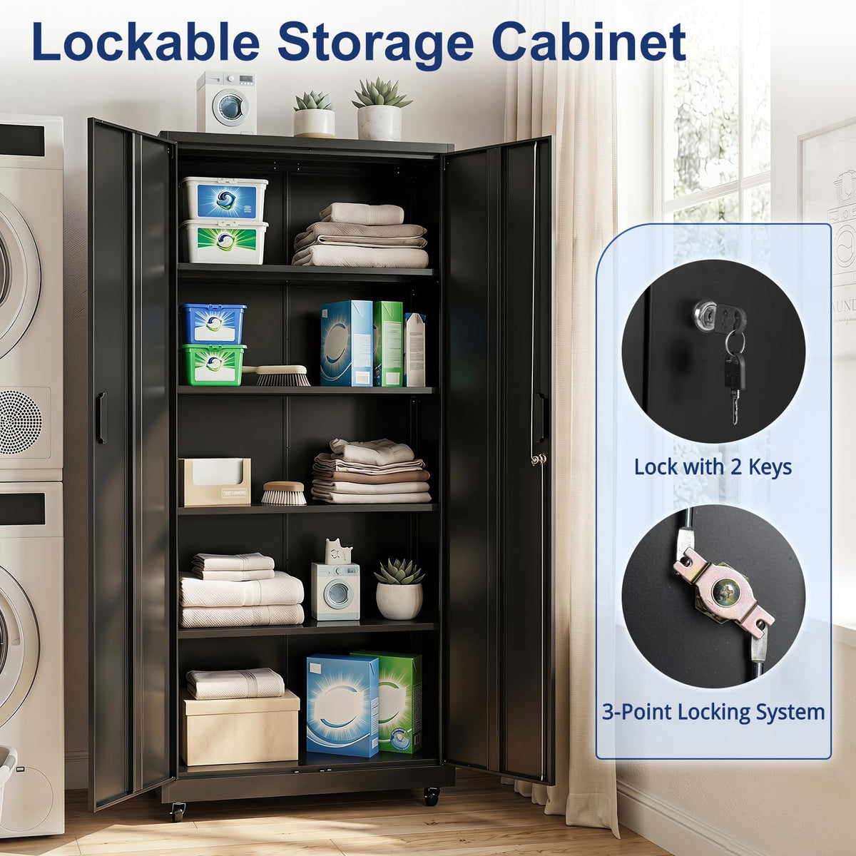 186cm Rolling File Cabinet with Adjustable Shelves and 4 Lockable Wheels for Office