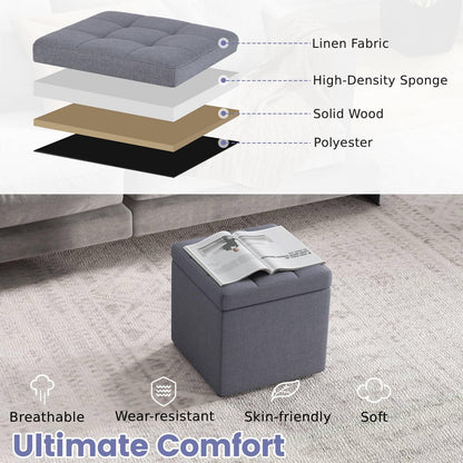 40 cm Square Storage Ottoman Linen Fabric Footstool with Lid