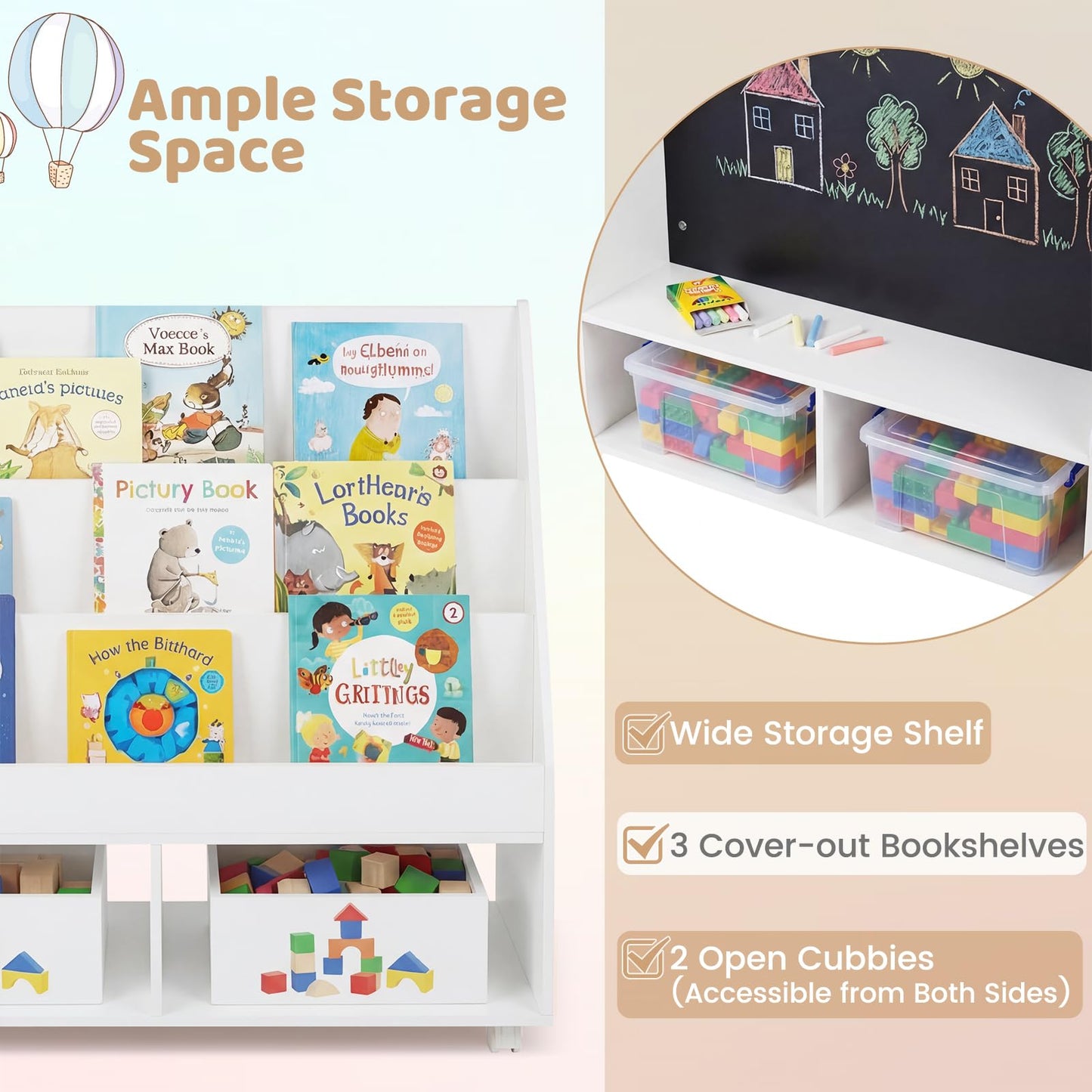 Double-Sided Kids Bookshelf Toddler Book Shelf on Wheels with Chalkboard