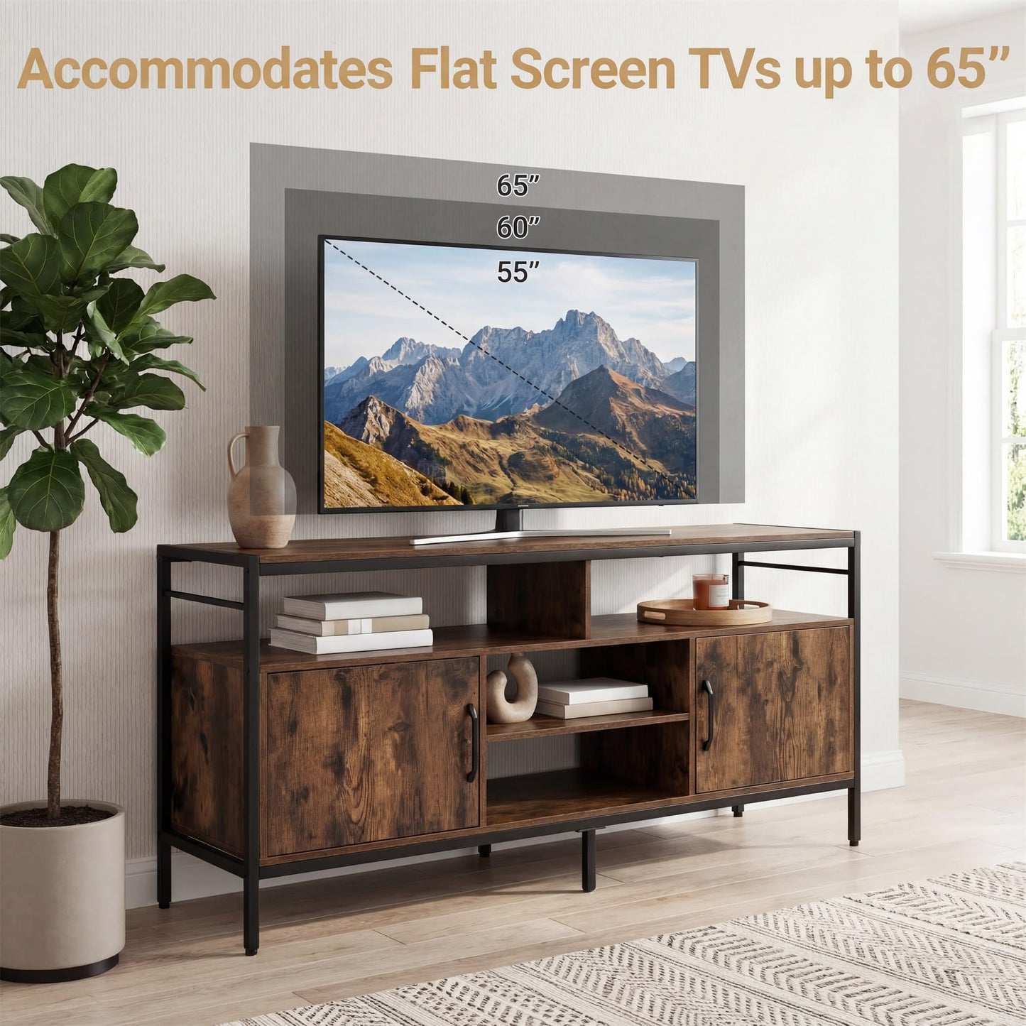 TV Stand Cabinet for TVs up to 65 Inches, 147cm Wooden Media Entertainment Center with 2 Storage Cabinets