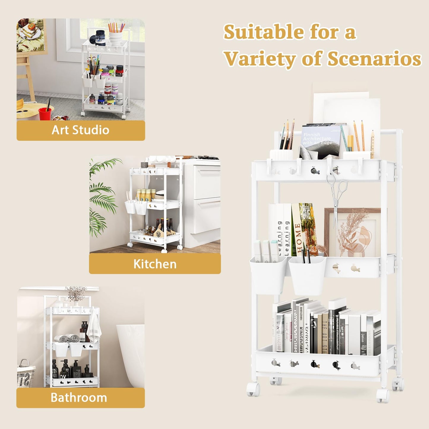 3-Tier Rolling Storage Cart with 2 Hanging Cups and 4 Hooks