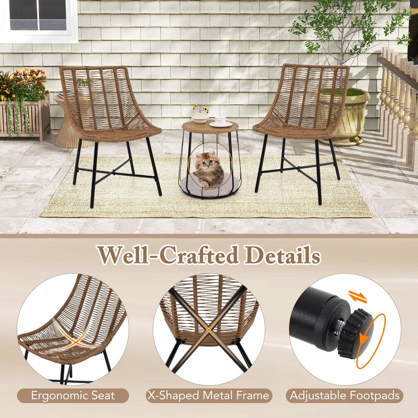 Outdoor Wicker Conversation Table Chair Sets for Garden Balcony Poolside