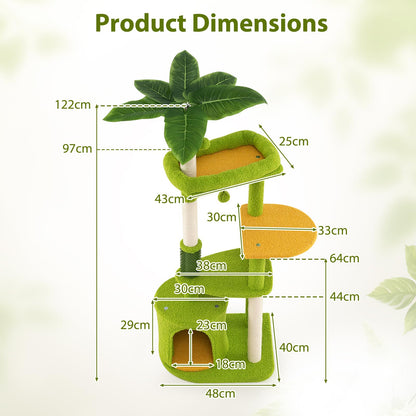 Cute Cat Tree for Adult Cats Multi-level Kitty Tower with Artificial Leaves