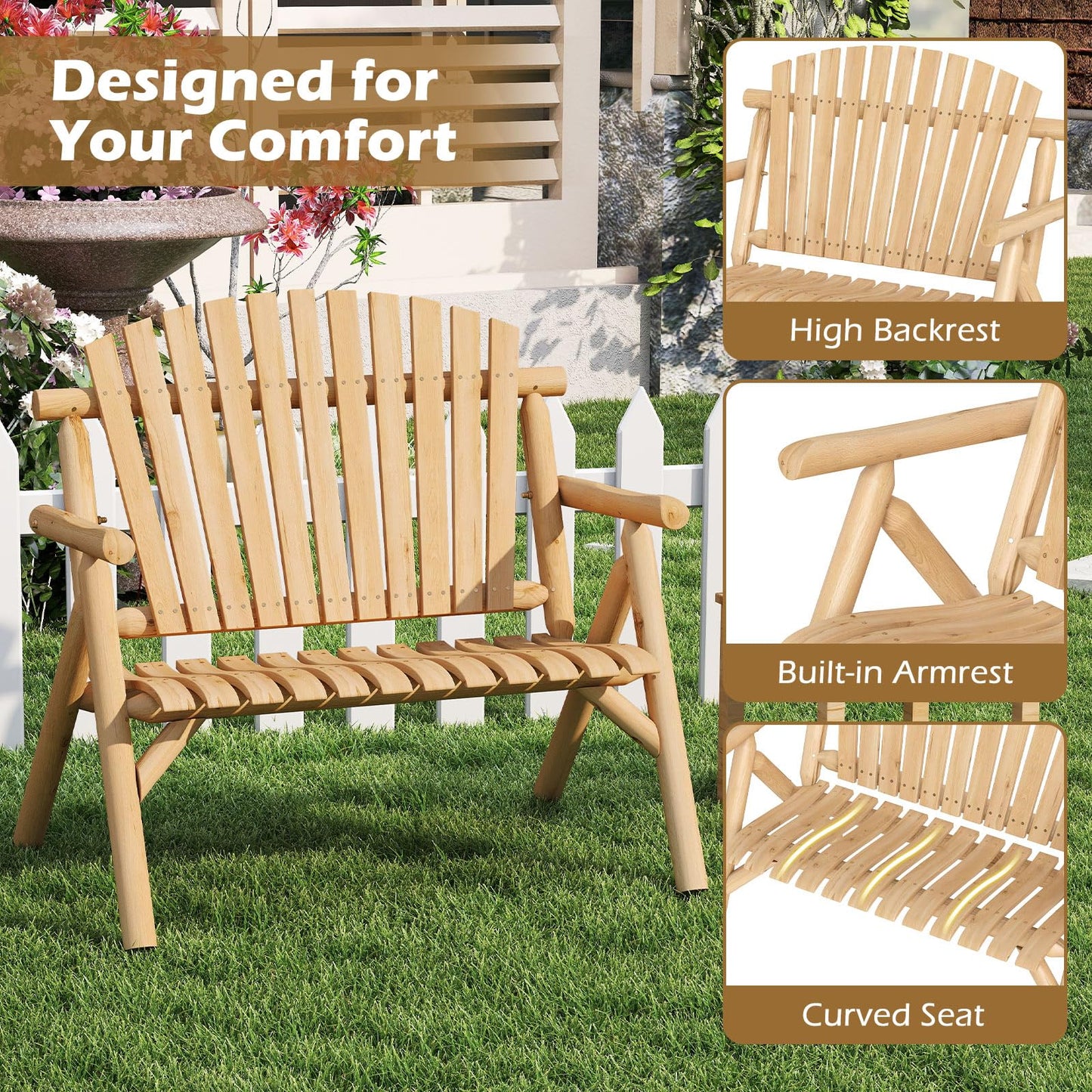 2-PersonLog Wood Patio Bench with Slatted Backrest Built-in Armrest and Curved Seat