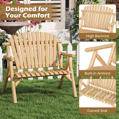 2-PersonLog Wood Patio Bench with Slatted Backrest Built-in Armrest and Curved Seat