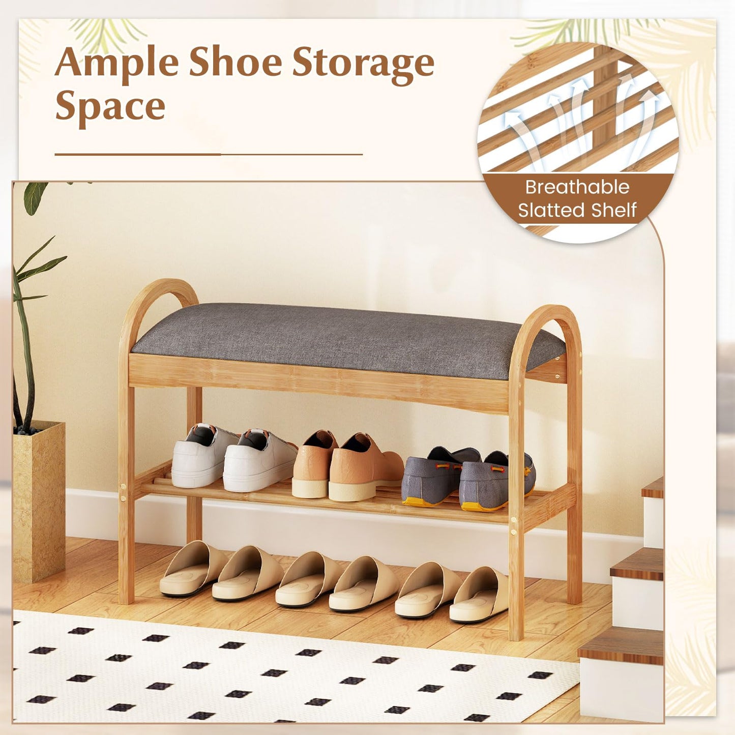 Bamboo Shoe Bench, 2-Tier Shoe Rack Organiser with Padded Seat Cushion and Shelf