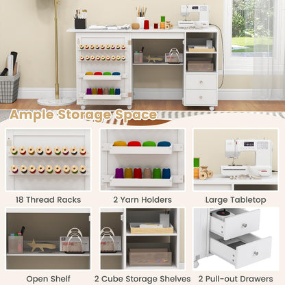 Folding Sewing Table with Charging Station and Storage Shelves