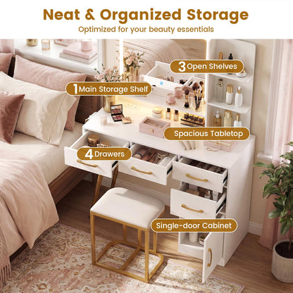 Dressing Table with LED Mirror and Stool, Makeup Table Vanity Desk Set