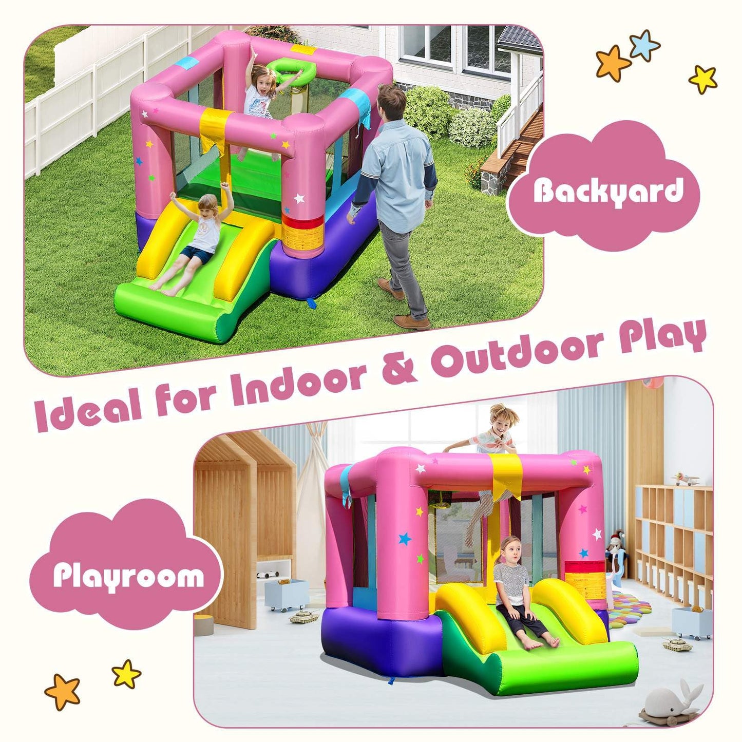 Inflatable Bounce House with Slide and Basketball Rim Without Blower