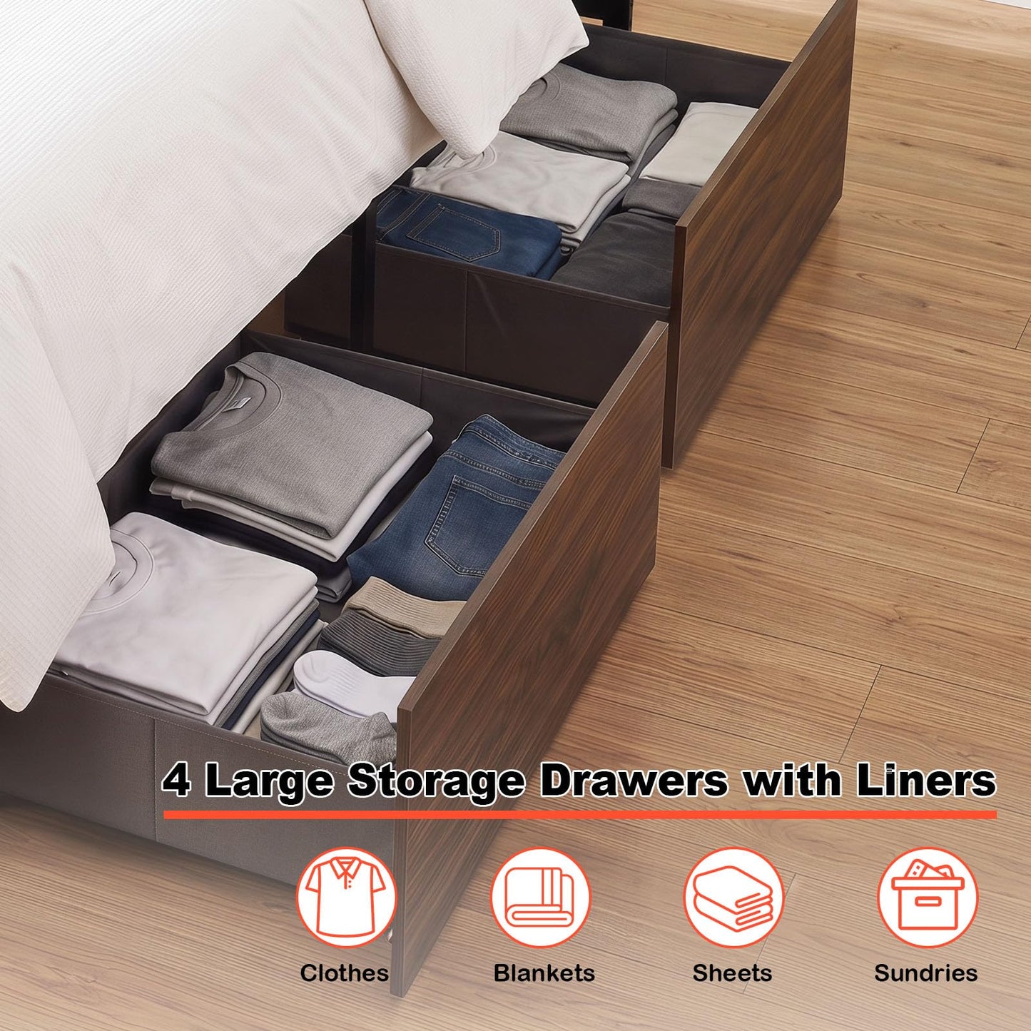 Double/King Size Bed Frame with LED Lights, Charging Station, Storage Headboard