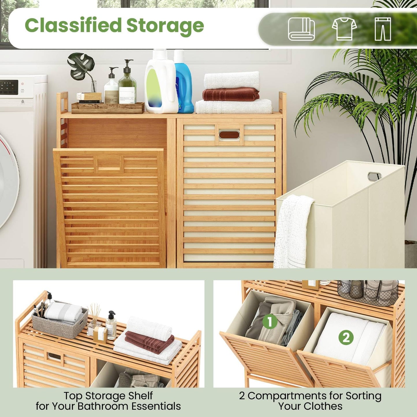 75L Double Tilt-out Laundry Hamper Bamboo with 2 Removable Bins