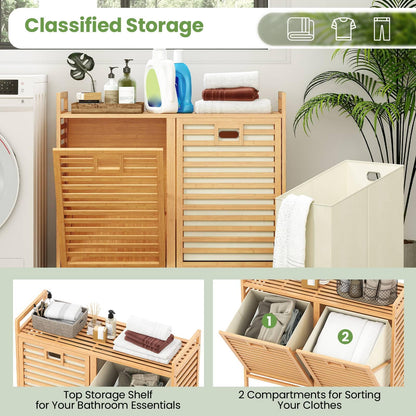 75L Double Tilt-out Laundry Hamper Bamboo with 2 Removable Bins