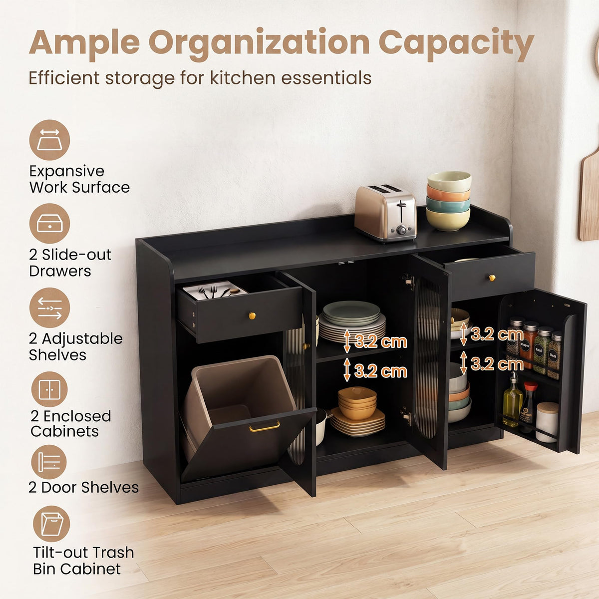 140cm Buffet Sideboard, Tilt Out Trash Can Cabinet with Glass Doors