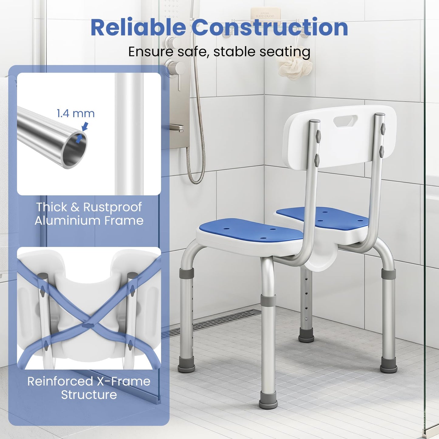 U-Shaped Shower Chair, 6-Level Height Adjustable Aluminium Shower Stool