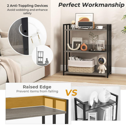 3 Tier Bookshelf with Adjustable Shelves and Metal Frame