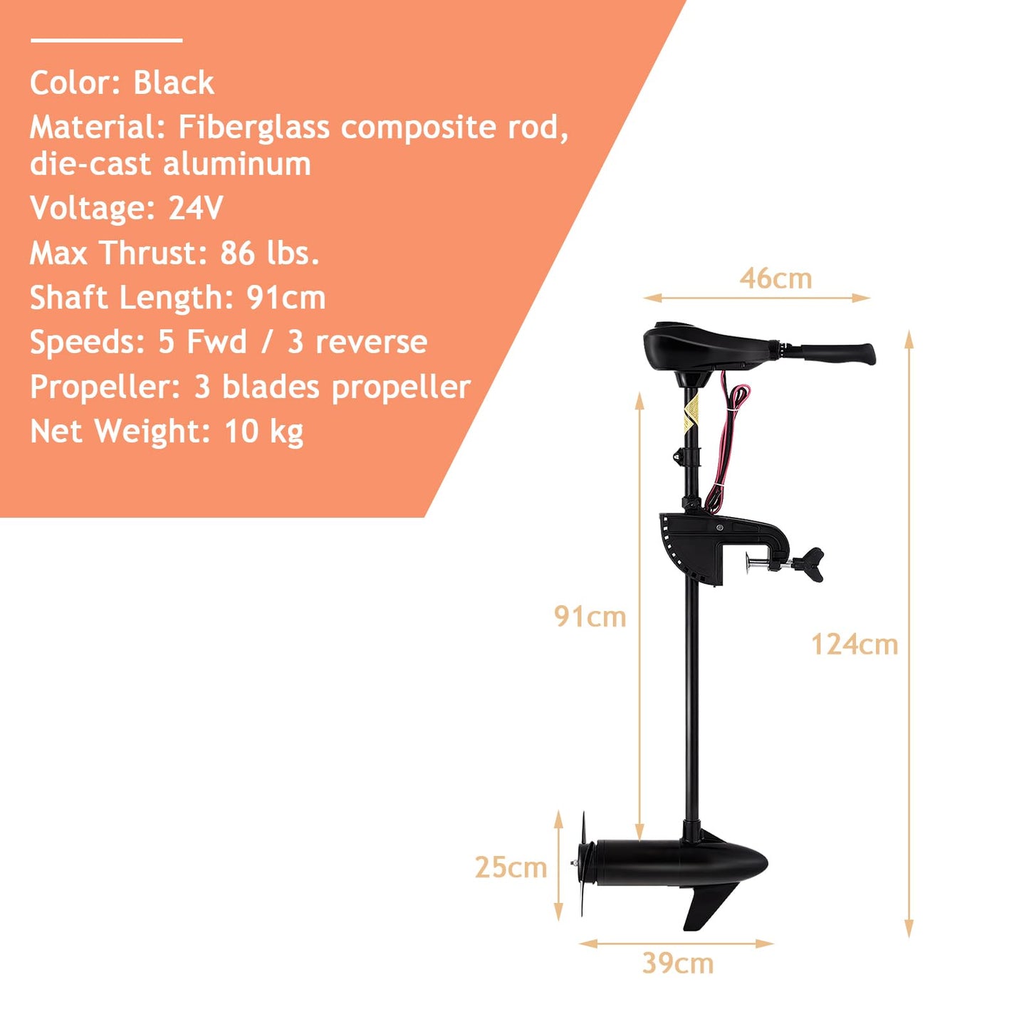 24V 86LBS Transom Mounted Outboard Motor with Telescopic Handle & LED Battery Indicator