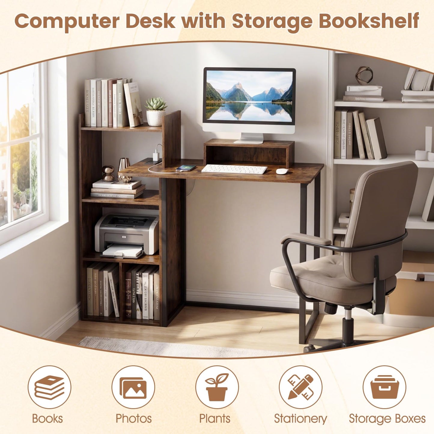 Computer Desk with Storage Shelves, 110CM PC Laptop Table Writing Workstation