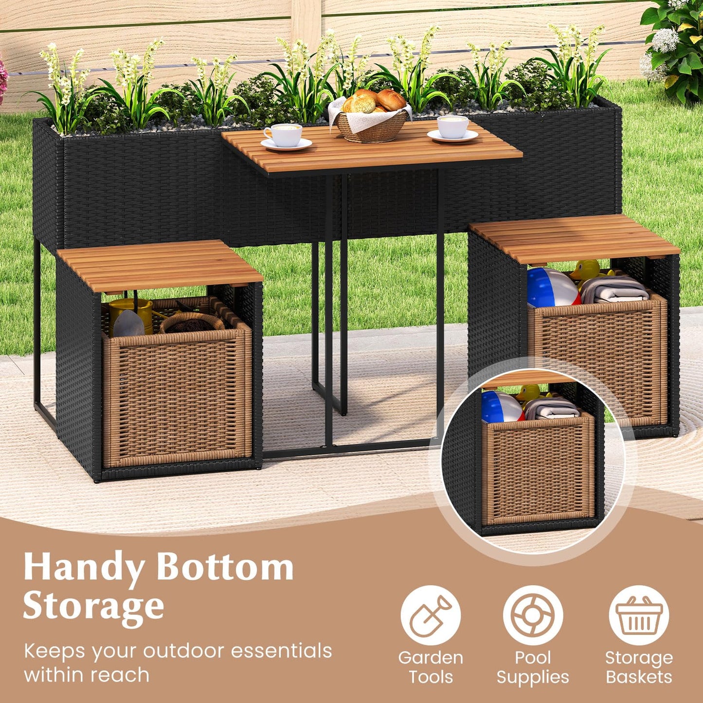 PE Rattan Garden Planter Table with Built-in Chairs and Storage Space