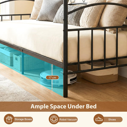 Metal Day Bed Frame, 3FT Single Sofa Bed Base Guest Platform Daybed with Headboard