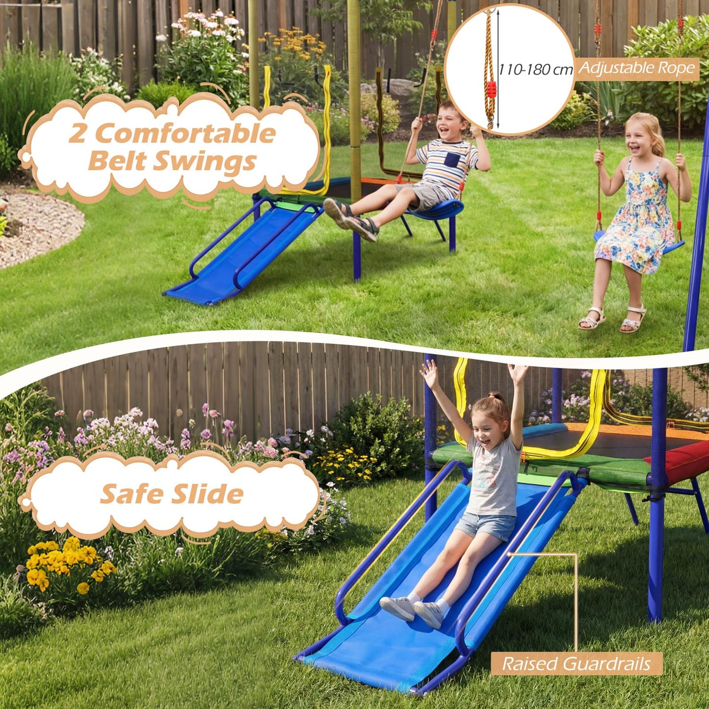 5-in-1 Kids Swing Set, Heavy-duty Metal Swing Stand with Trampoline, Roof