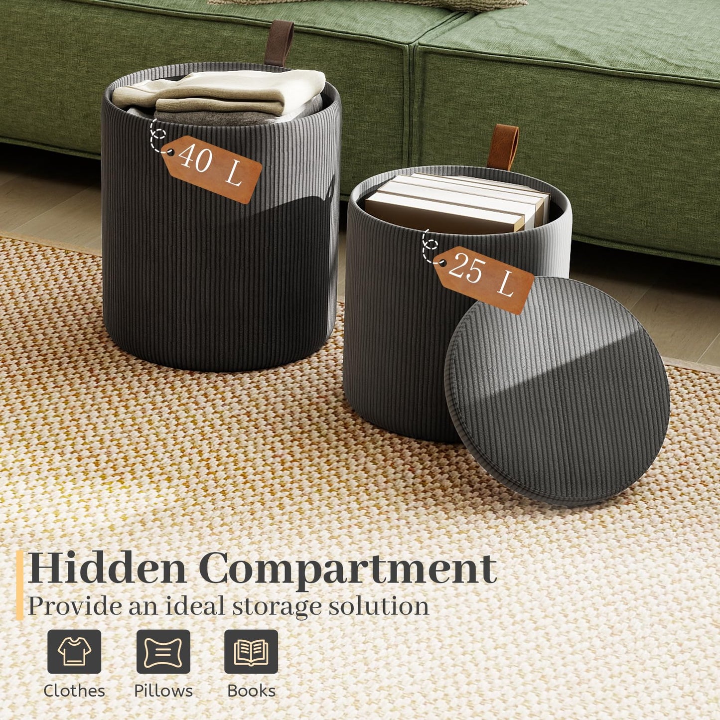 Round Ottoman with Storage Set of 2 with Removable Lids and Padded Seats