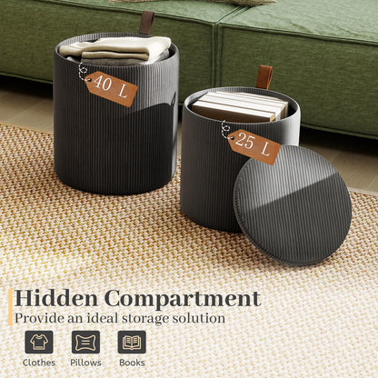 Round Ottoman with Storage Set of 2 with Removable Lids and Padded Seats