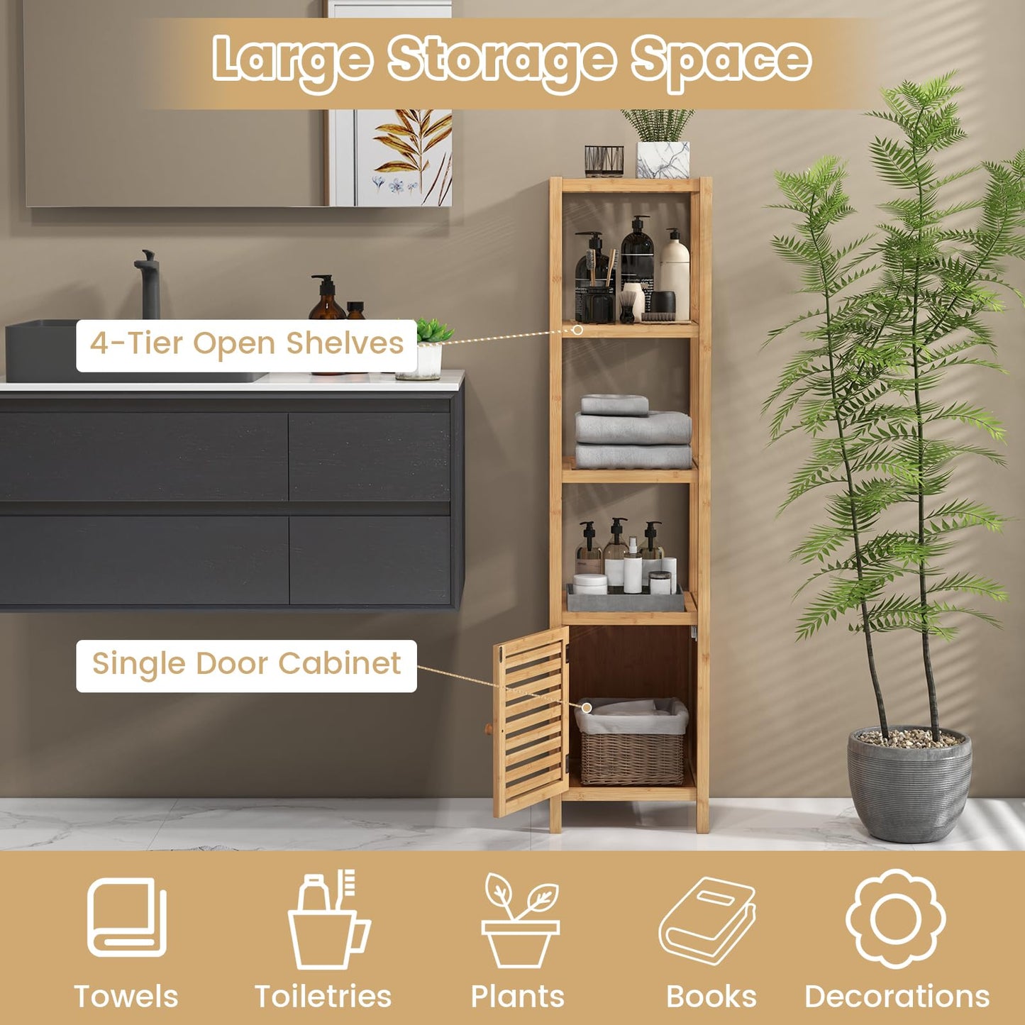 Freestanding Storage Cupboard with Shuttered Door and Open Shelves