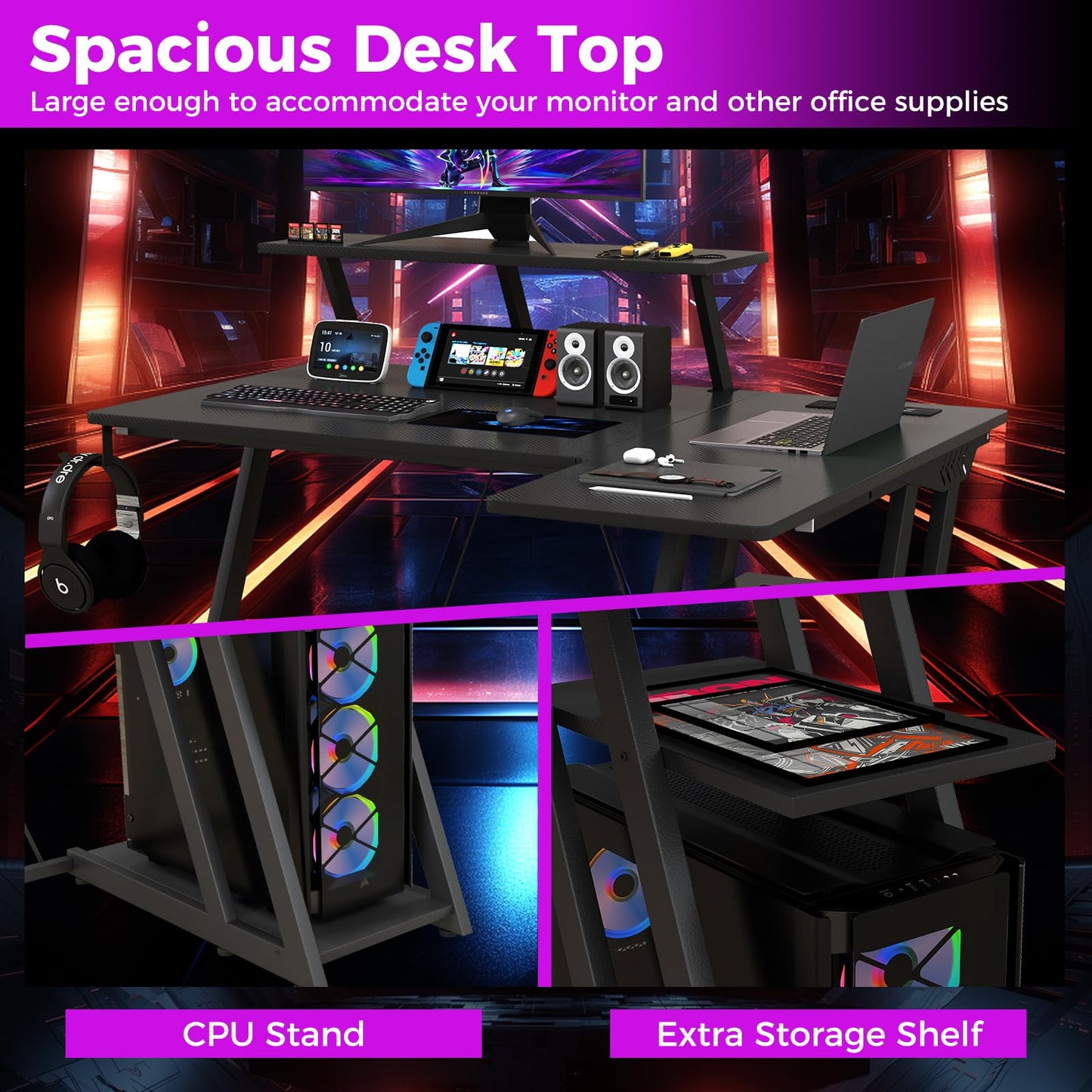 L-Shaped Gaming Desk with Outlets USB Ports and Monitor Shelf