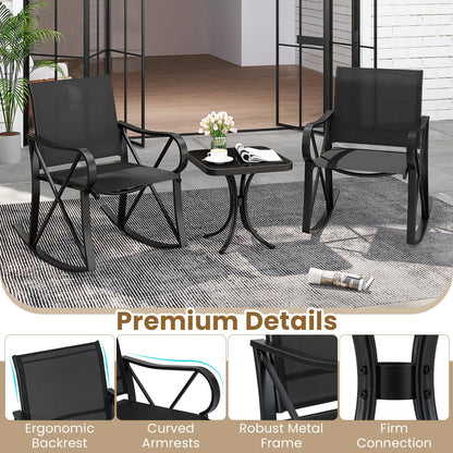 3-Piece Patio Metal Frame Rocking Bistro Set with Tempered Glass-Top Side Table