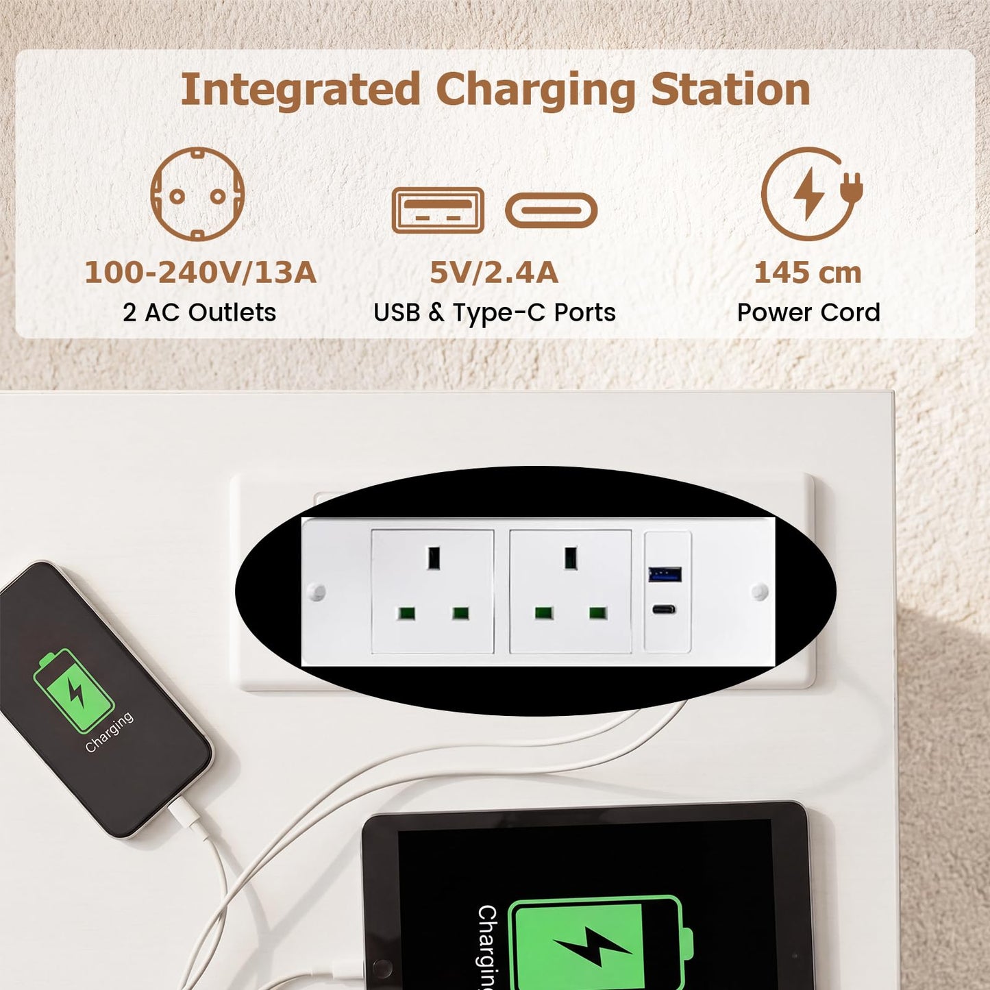 150 CM L Shaped Executive Desk with Charging Station