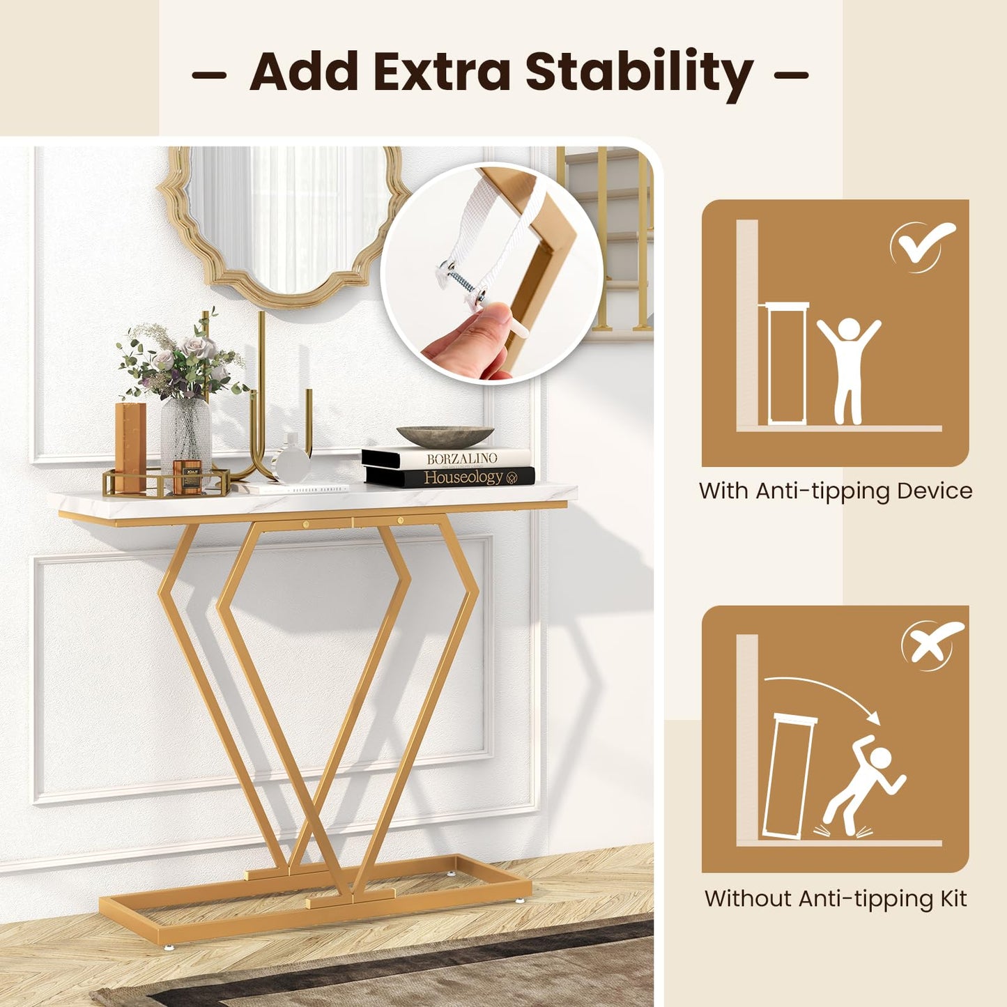 100 cm Gold Console Table with Diamond Shape Geometric Frame