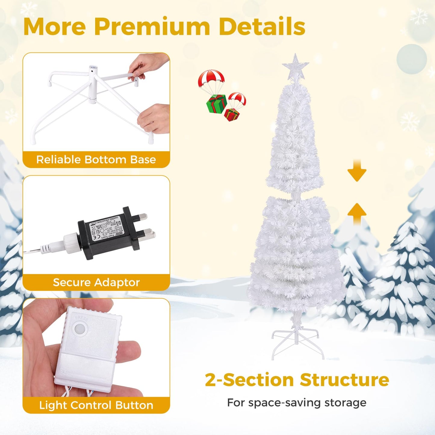 150/180CM Artificial Xmas Tree Pencil Tree with Treetop Star and 7 Lighting Modes