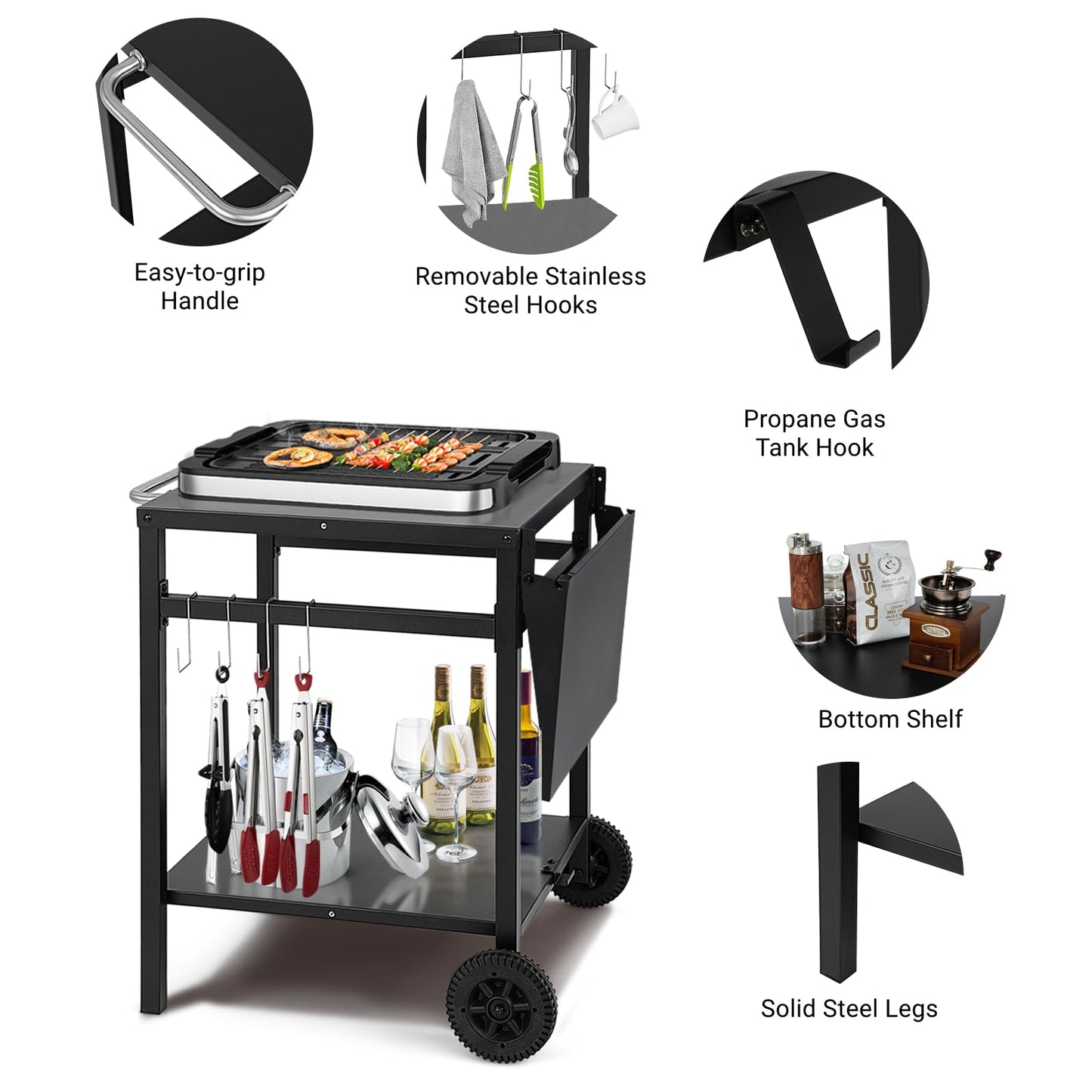 Movable Dining Cart Table Trolley with Folding Tabletop for BBQ Grill