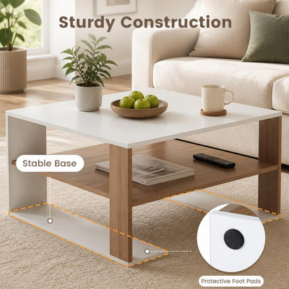 Wooden Square Coffee Table with Storage and Open Shelf for Living Room