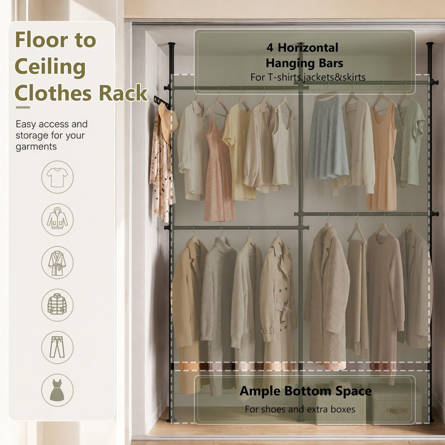 Adjustable Floor to Ceiling Clothes Rack with 2 Hanging Rods Folding Drying Rack and Reacher Pole